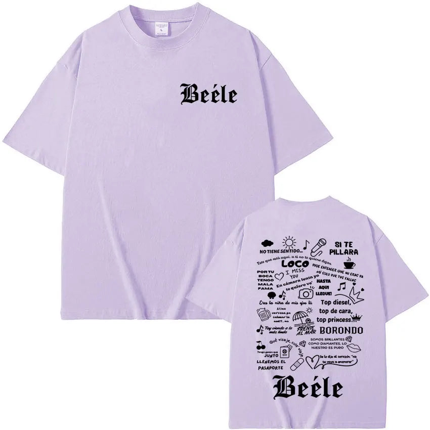 Light purple short-sleeved rapper beele album t shirt with black gothic lettering and detailed graphic print on back for women aesthetic fashion