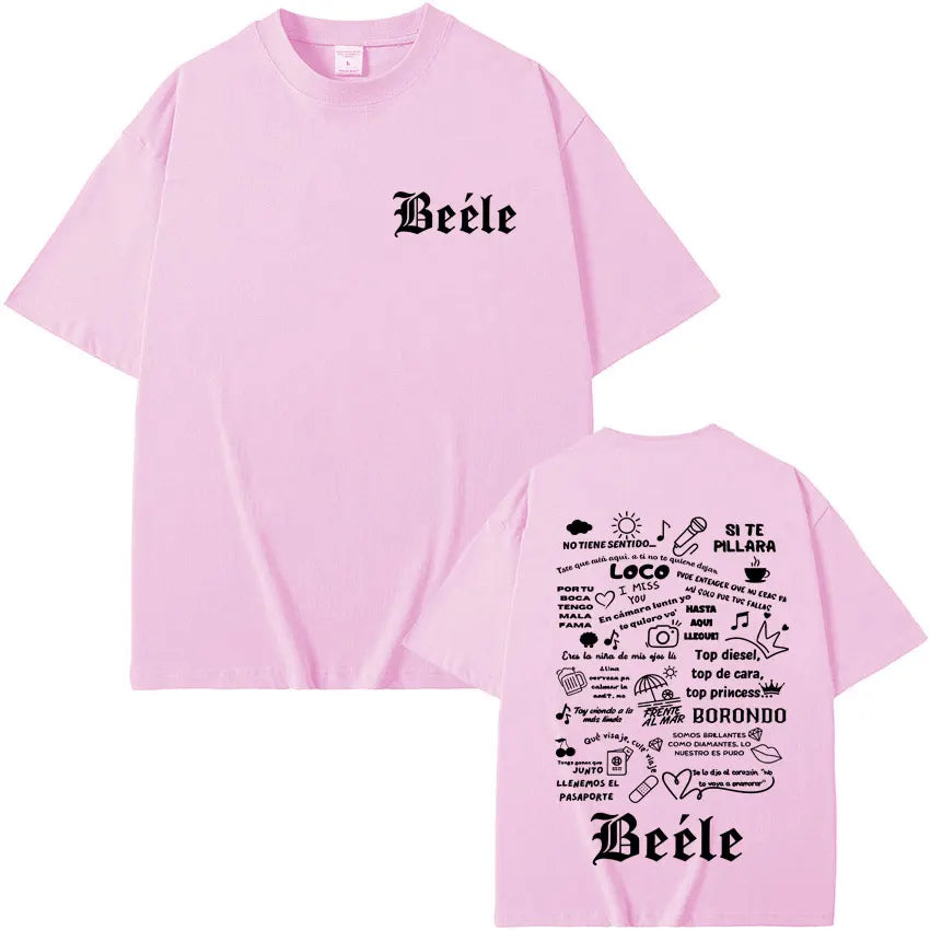 Light pink short-sleeved t-shirt with black gothic lettering front and detailed graphic back for rapper beele album merch