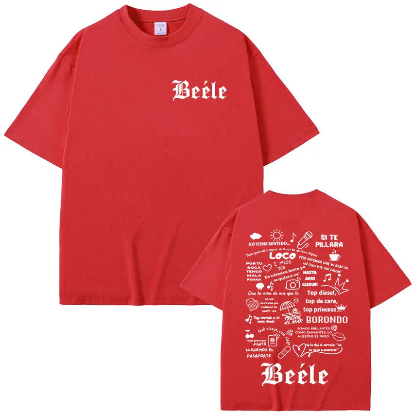 Red short-sleeved rapper beele album t-shirt with white gothic lettering and detailed graphic on the back for women aesthetic fashion