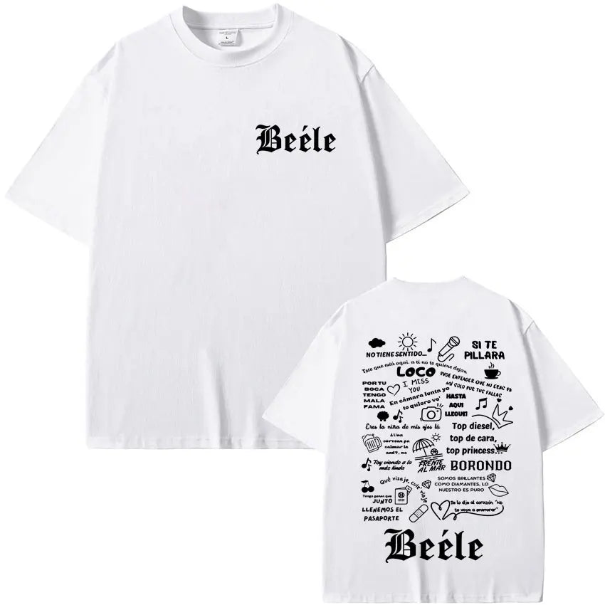White short-sleeved t-shirt with black gothic lettering and detailed graphic on back from rapper beele album merch for women aesthetic fashion