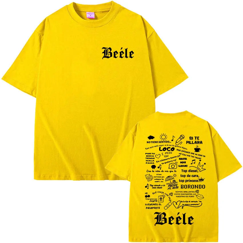 Bright yellow oversized t-shirt with black gothic lettering and detailed graphic on back rapper beele album merch for women aesthetic fashion