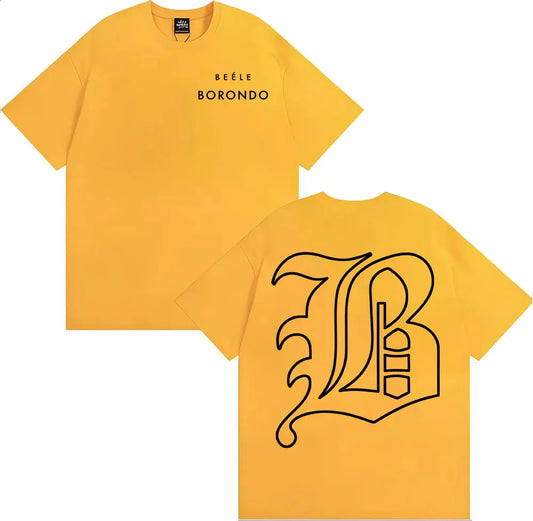 Yellow short-sleeved 100 percent cotton t-shirt with black text and stylized b logo on back for rapper beele borondo hip hop vintage clothing