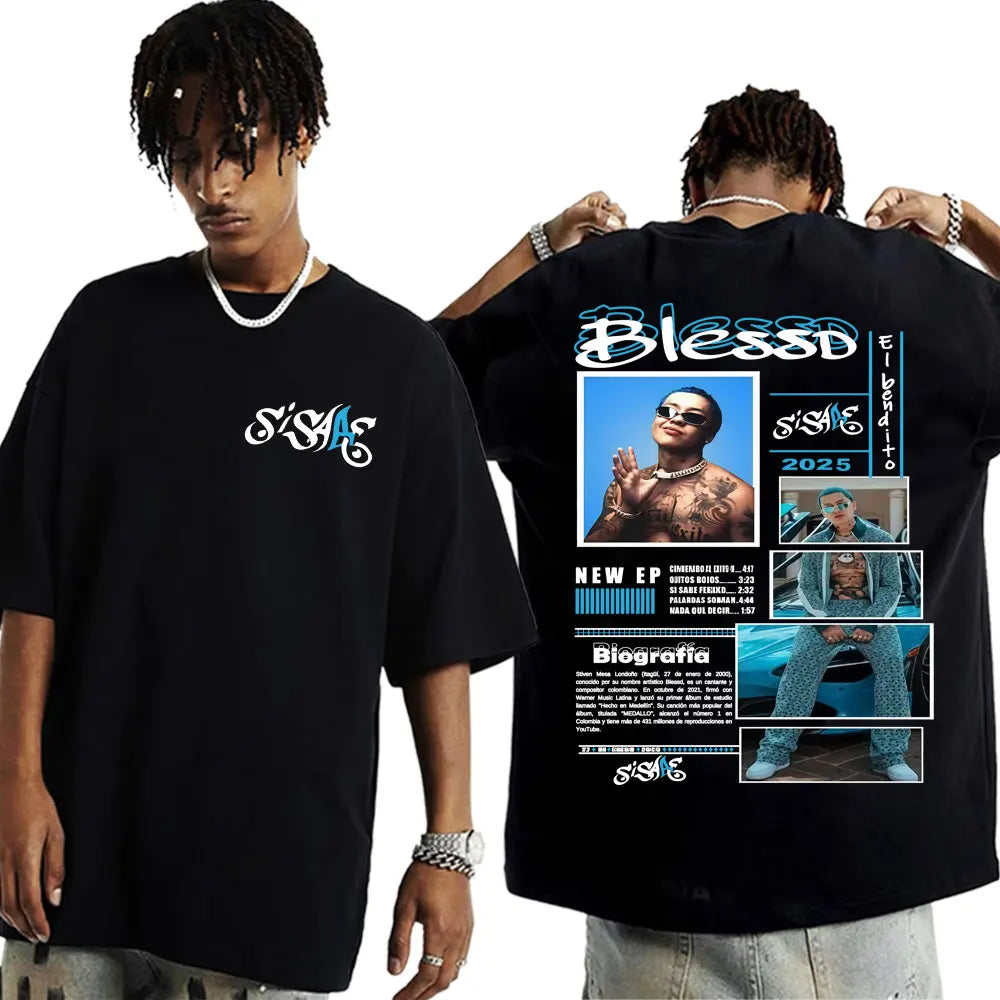 Black oversized t-shirt with white and blue graphic featuring rapper blessd sisabe for sisabe album tour hip hop retro style