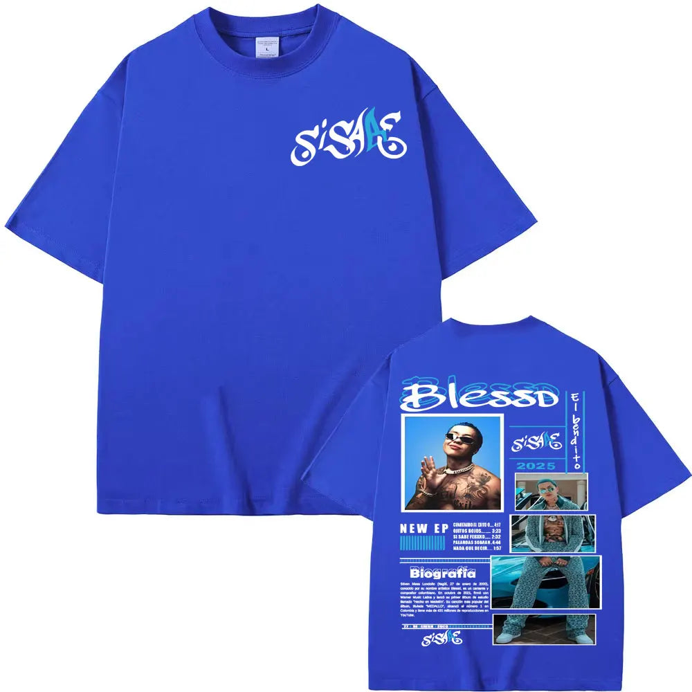 Vibrant royal blue oversized t shirt with white and light blue sisabe logo and graphic promoting rapper blessd sisabe album tour 2025 hip hop retro style