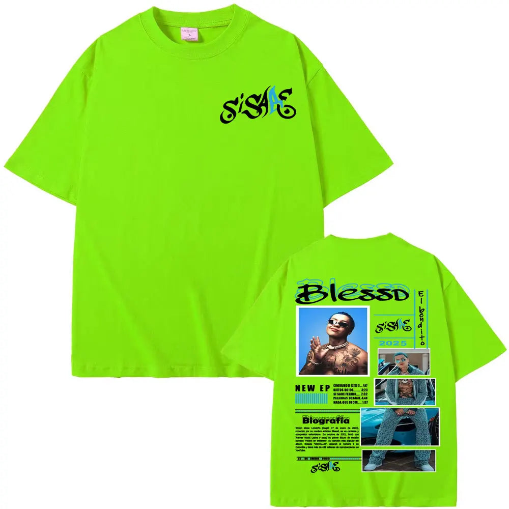 Bright neon green oversized t-shirt with black teal graphic and extensive back print for rapper blessd sisabe album tour hip hop retro style