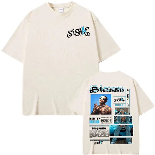 Cream-colored cotton t-shirt with black and blue rapper blessd sisabe graphic for sisabe album tour 2025 hip hop retro style