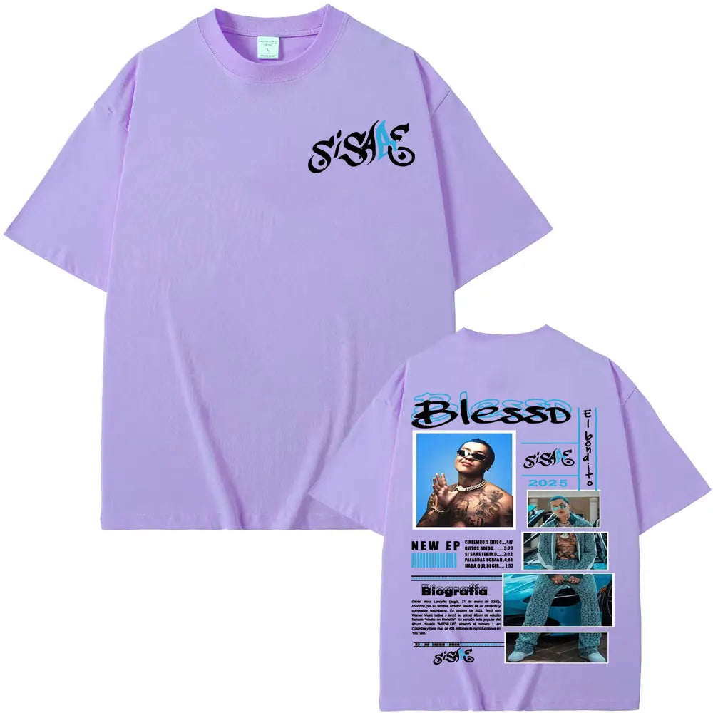 Lavender short-sleeved t-shirt with black and blue graphic of rapper blessd sisabe for sisabe album tour hip hop retro style