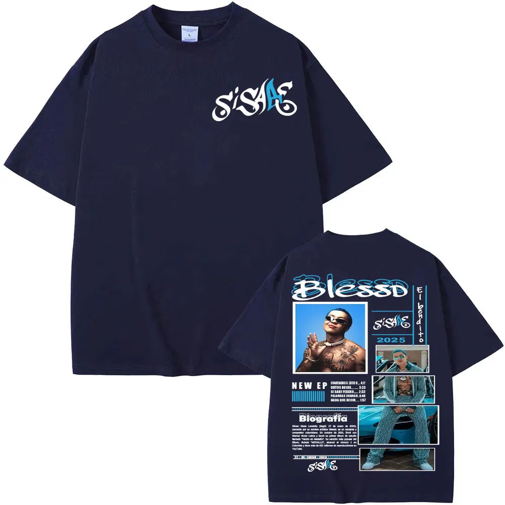 Dark navy blue oversized t-shirt featuring rapper blessd sisabe graphic and sisabe album tour hip hop retro design