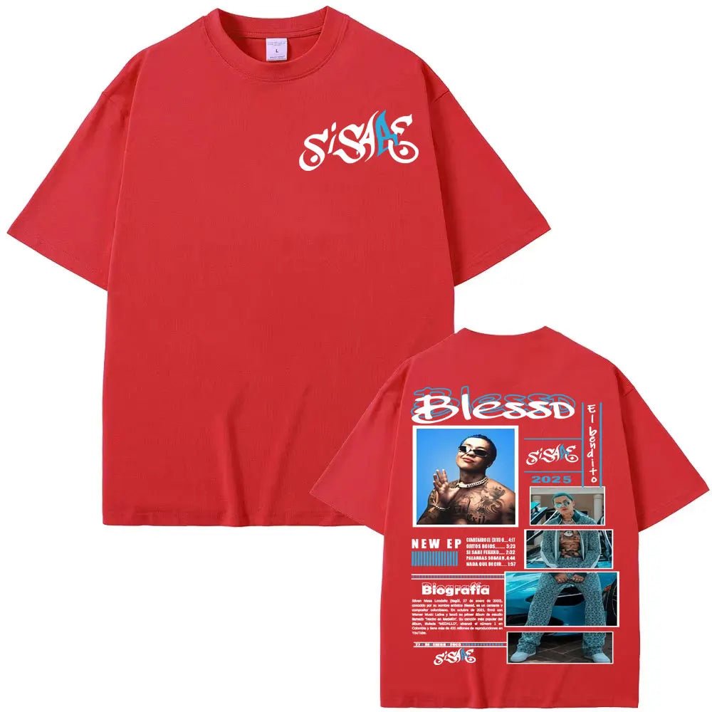 Red short-sleeved oversized t-shirt with rapper blessd sisabe graphic print for sisabe album tour 2025 hip hop retro style