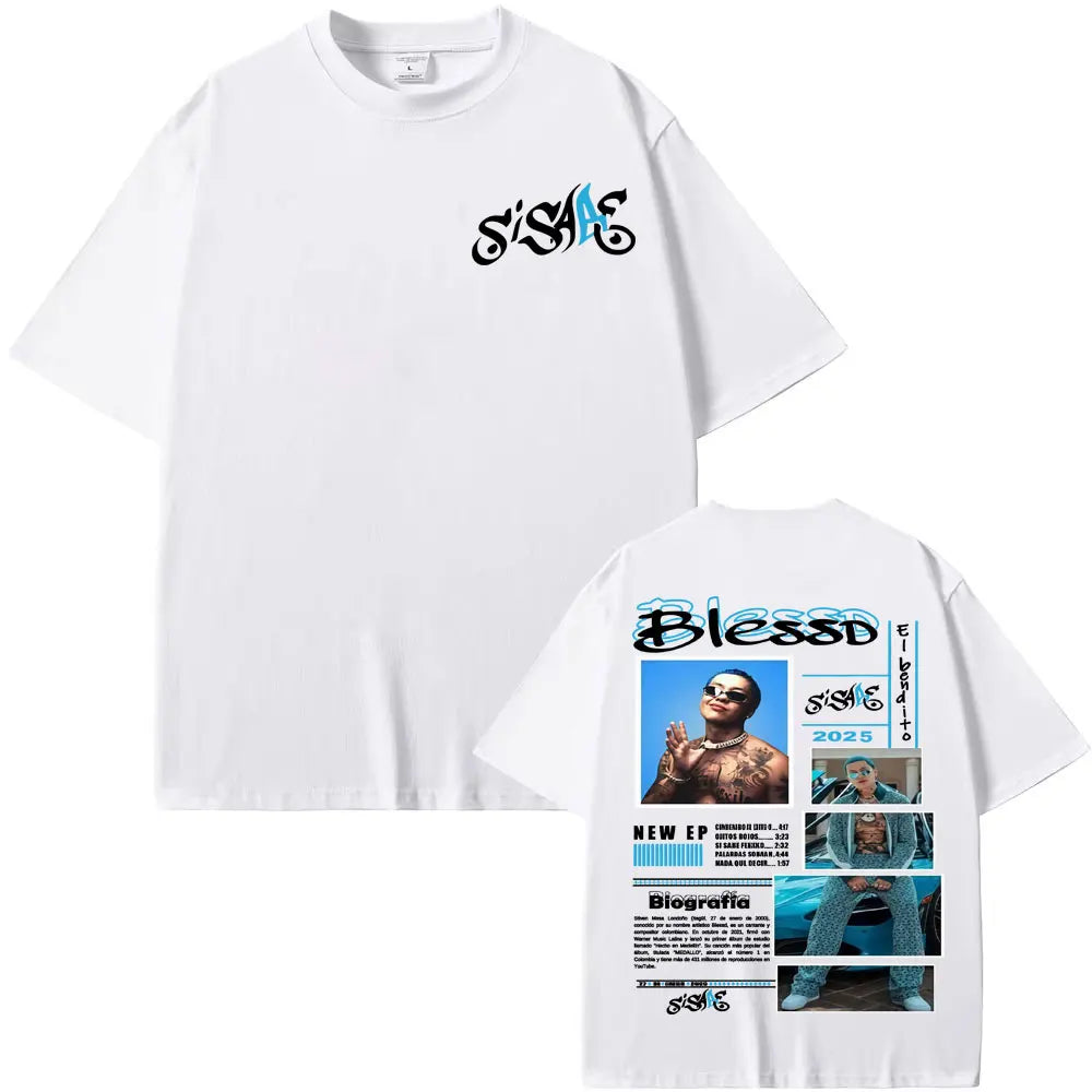 White short-sleeved t-shirt with rapper blessd sisabe graphic and text for sisabe album tour hip hop retro style