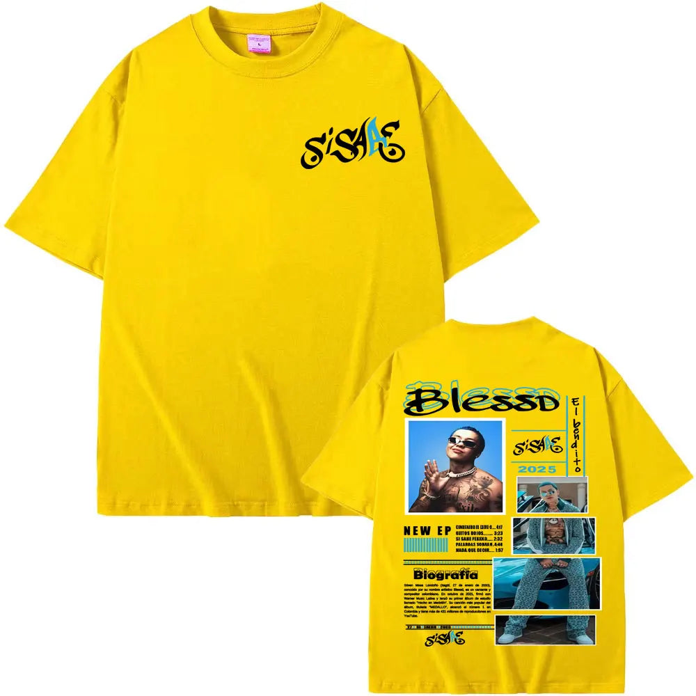 Bright yellow short-sleeved t-shirt showing rapper blessd sisabe album tour graphic on the back in hip hop retro style