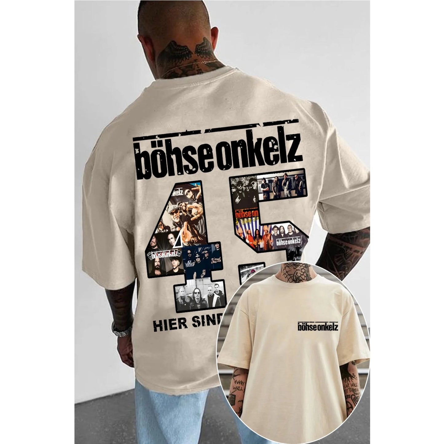 Cream-colored oversized t-shirt for men and women featuring böhse onkelz graphic with number 45 collage photos