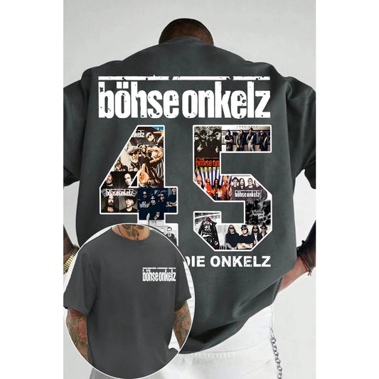 Dark gray short-sleeved t-shirt featuring a large ’45’’ graphic filled with band photos and the text ’böhse onkelz’ above and below in white.