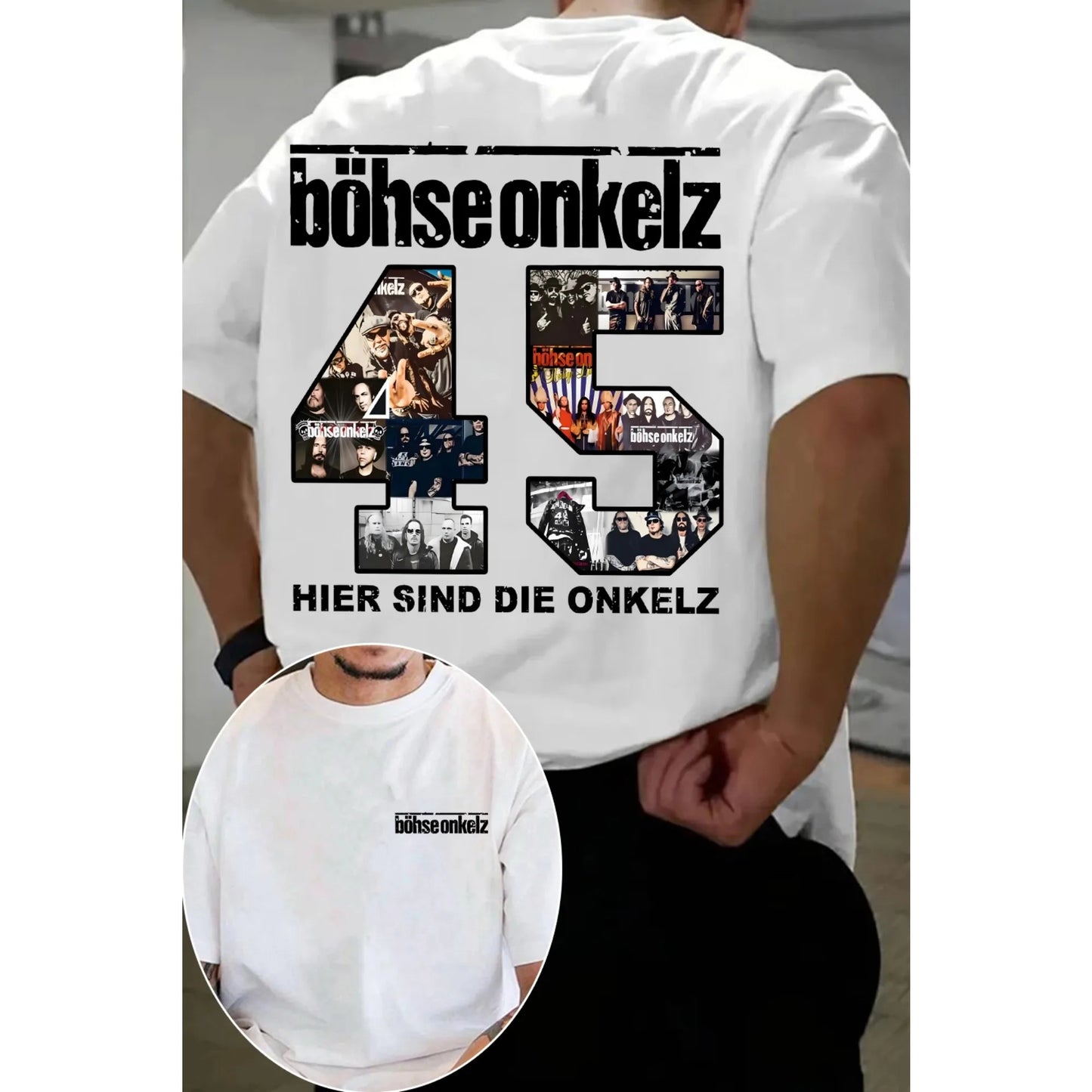 White short-sleeved t-shirt featuring black böhse onkelz graphic design with band collage number 45 and hier sind die text