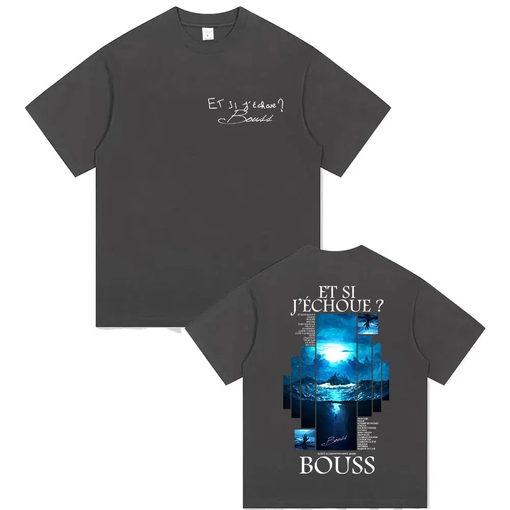 Dark gray cotton tshirt streetwear with blue ocean graphic on back and white et si j échoue text on chest retro hip hop tee