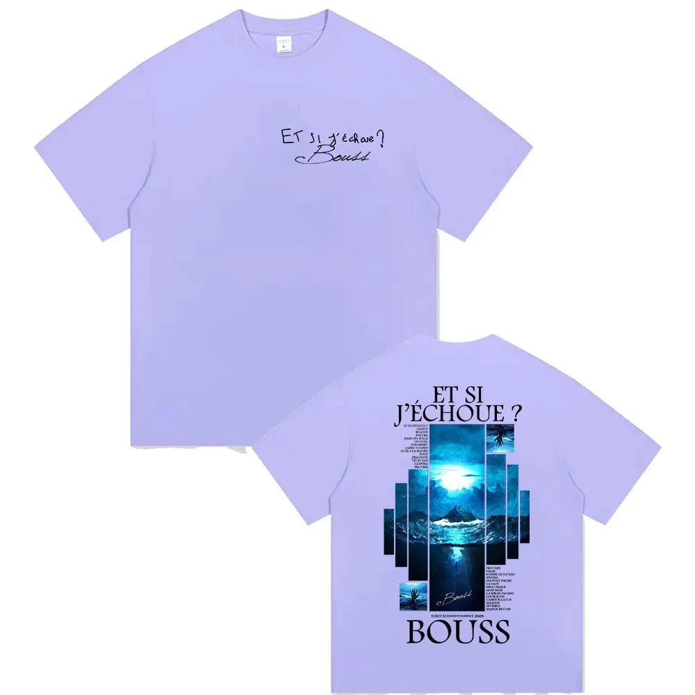 Light purple cotton tshirt streetwear with black cursive front text and retro hip hop moonlit landscape back graphic