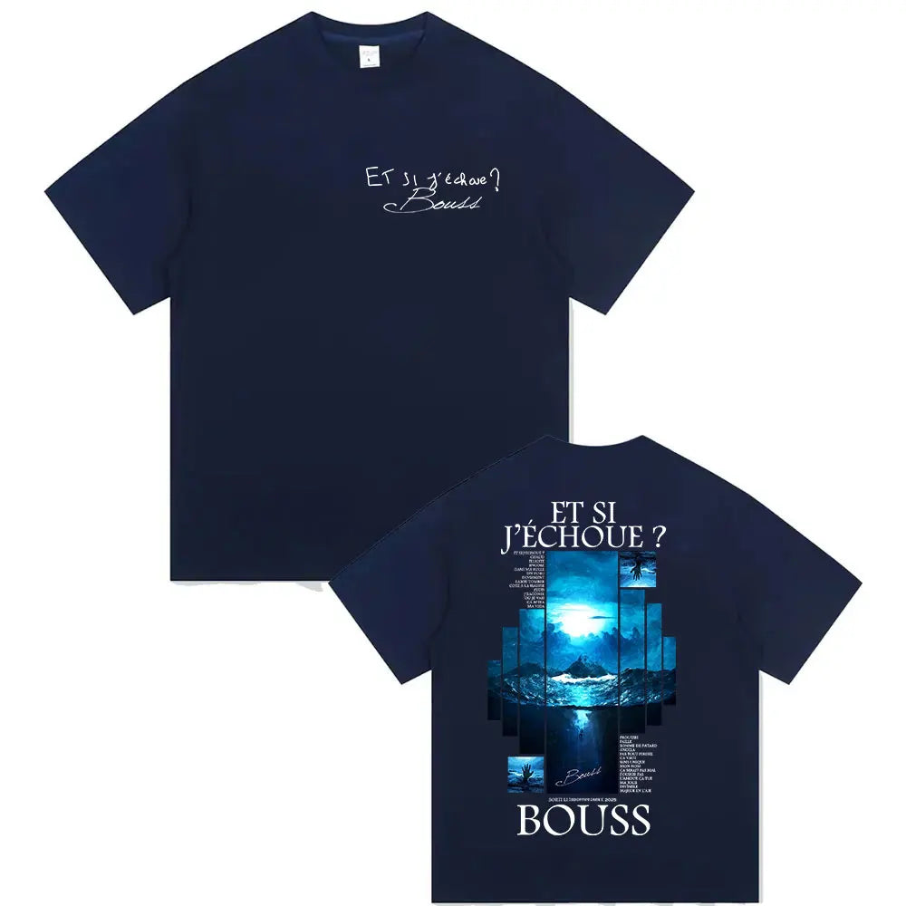 Dark blue cotton tshirt streetwear with graphic moonlit landscape and retro hip hop et si j échoue print on back
