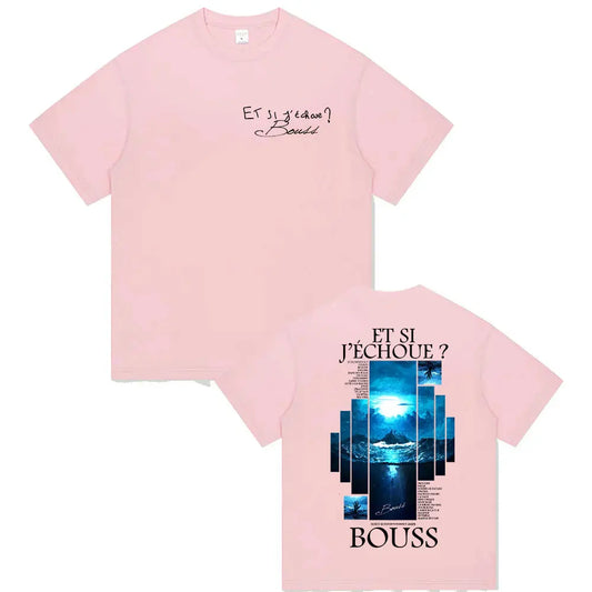 A soft pink cotton tshirt streetwear with rapper bouss et si jecho ue tour 2025 graphic on back and black cursive front text