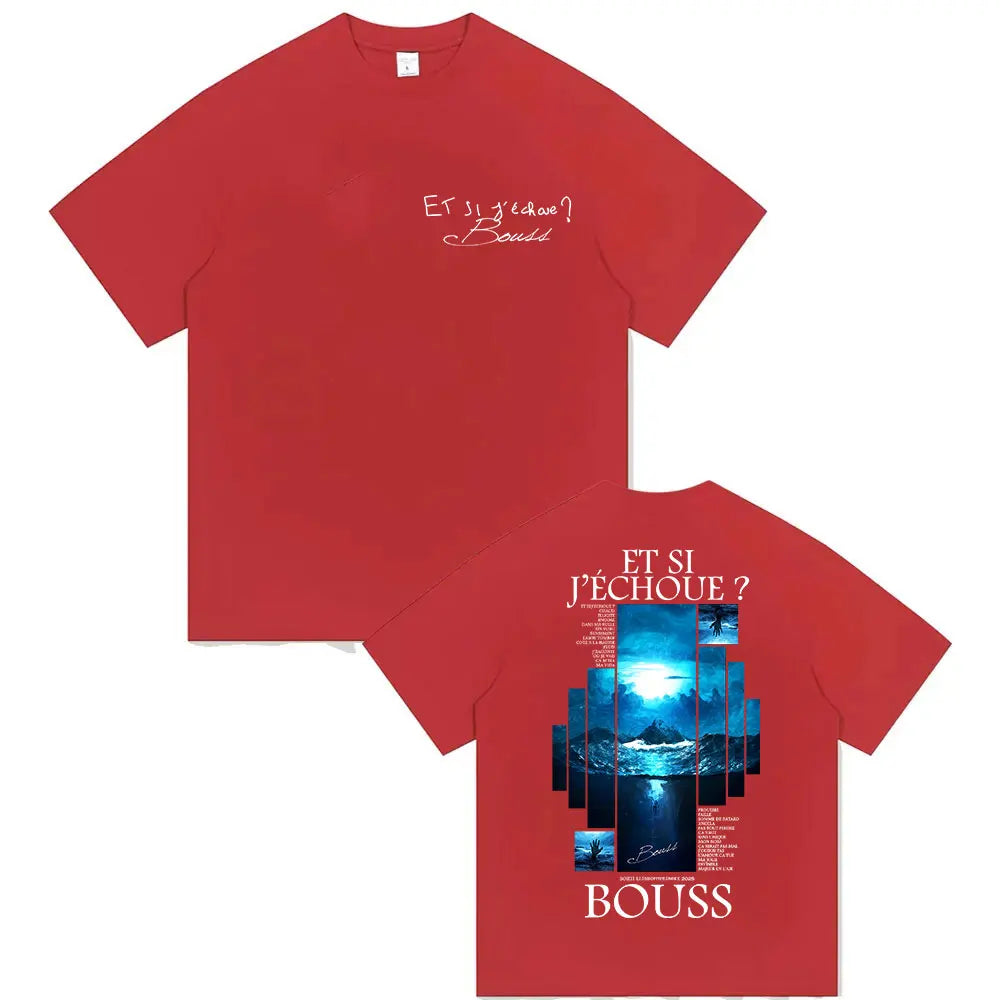Red cotton tshirt streetwear with rapper bouss et si j échoue graphic print on back and cursive chest script, retro hip hop style