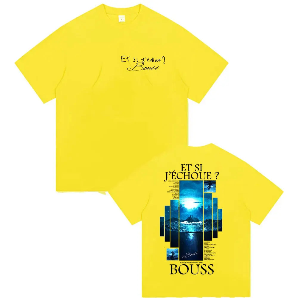 Bright yellow retro hip hop cotton tshirt streetwear with blue graphic print on back and black cursive front text
