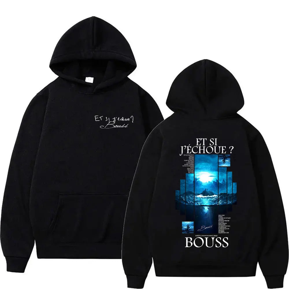 Back of black hoodie with blue ocean graphic and white women hip hop text designed for fashion oversized sweatshirts fleece streetwear