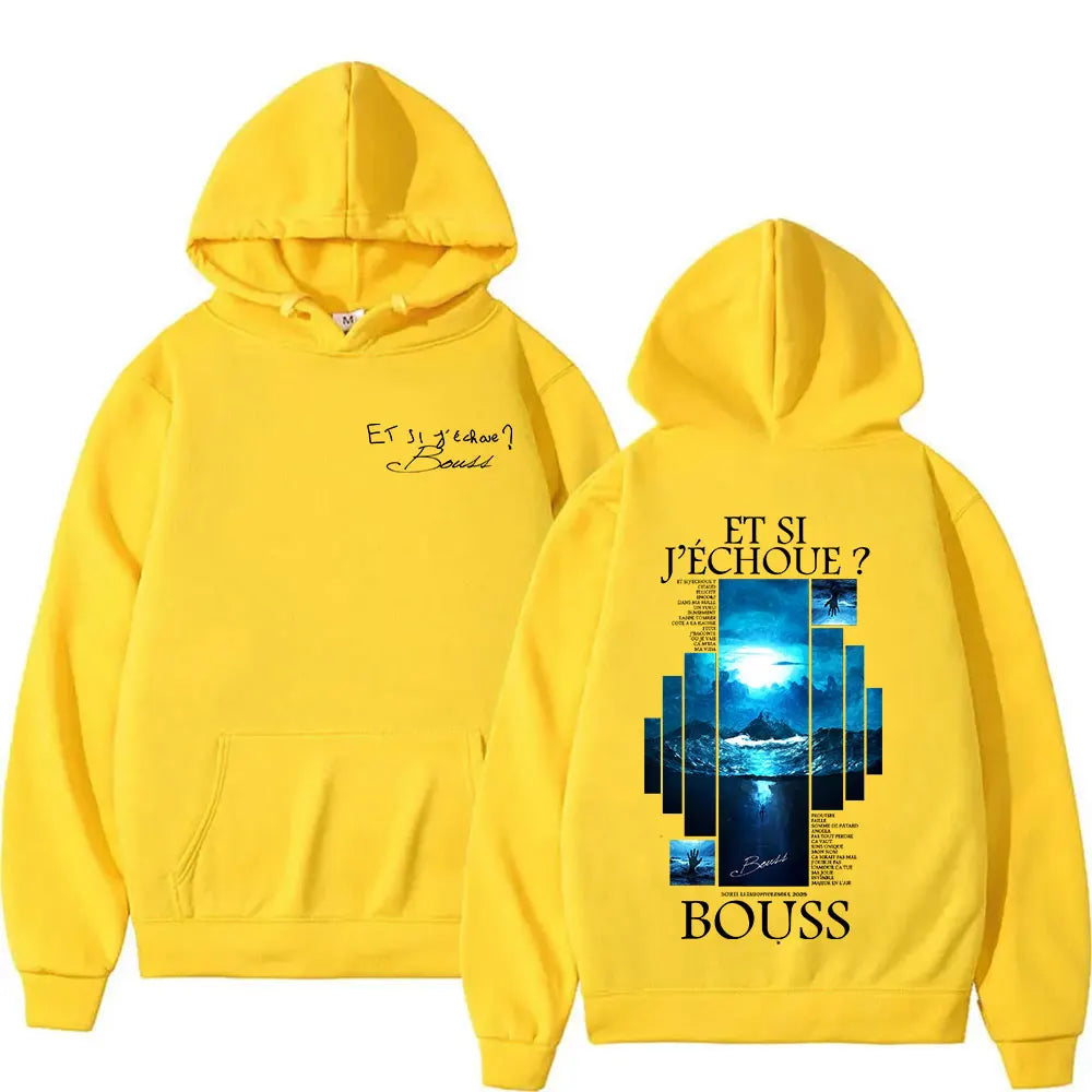 Bright yellow hooded sweatshirt with blue ocean graphic on back and cursive script front women hip hop fleece streetwear