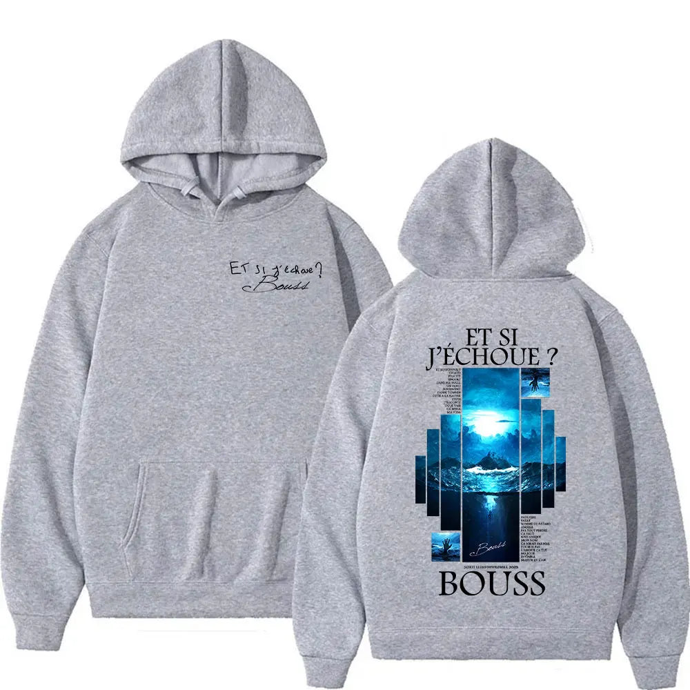 Back of gray fleece hoodie with blue ocean graphic and cursive text women hip hop fashion oversized sweatshirts streetwear