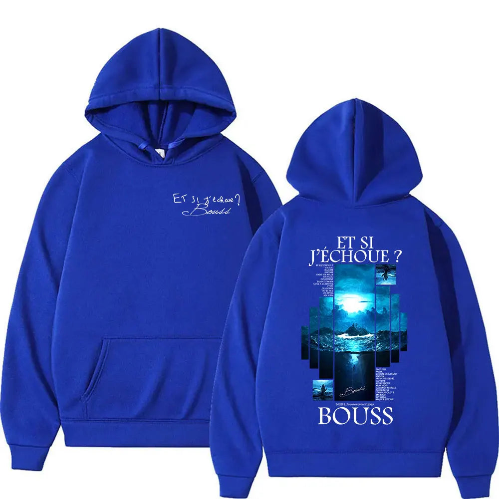 Royal blue fleece hooded sweatshirt with moonlit ocean graphic and text on back women hip hop fashion oversized sweatshirts