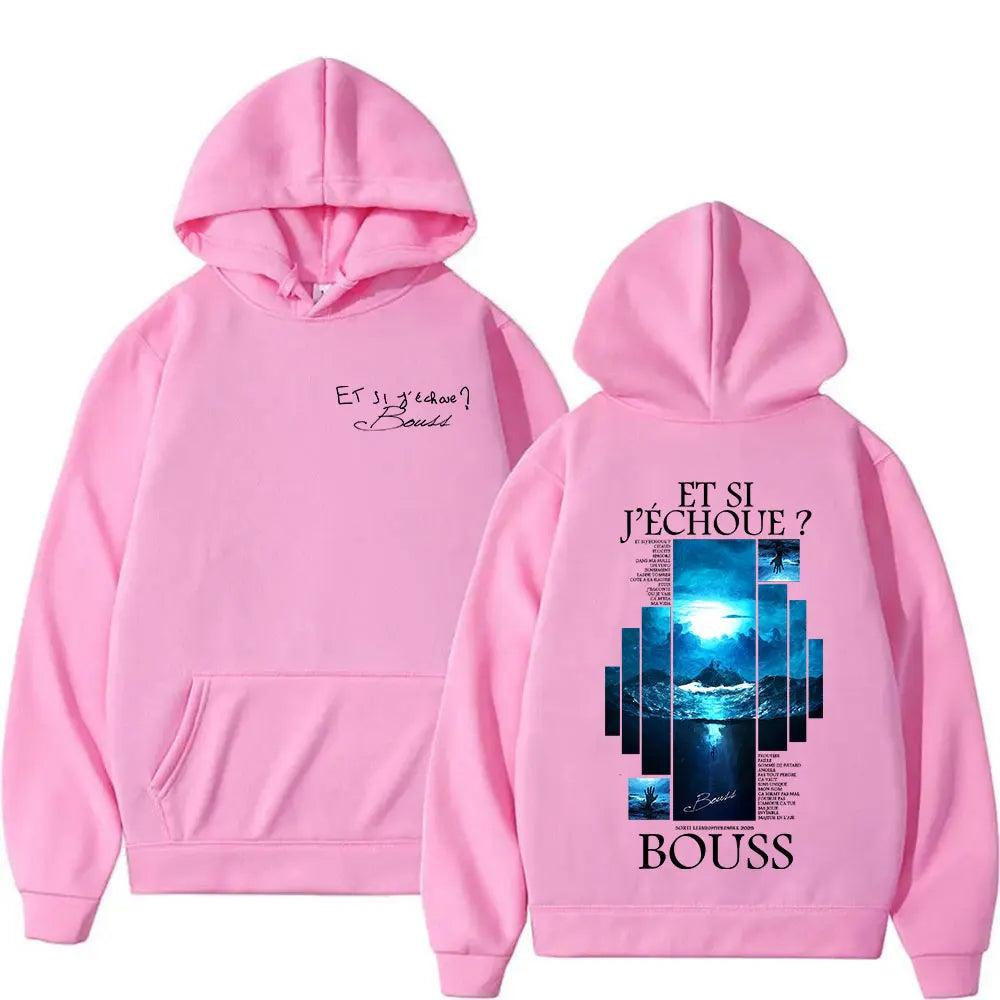 Pink hoodie featuring blue toned graphic print on back with et si j échoue and bouss text fashion oversized sweatshirts fleece streetwear