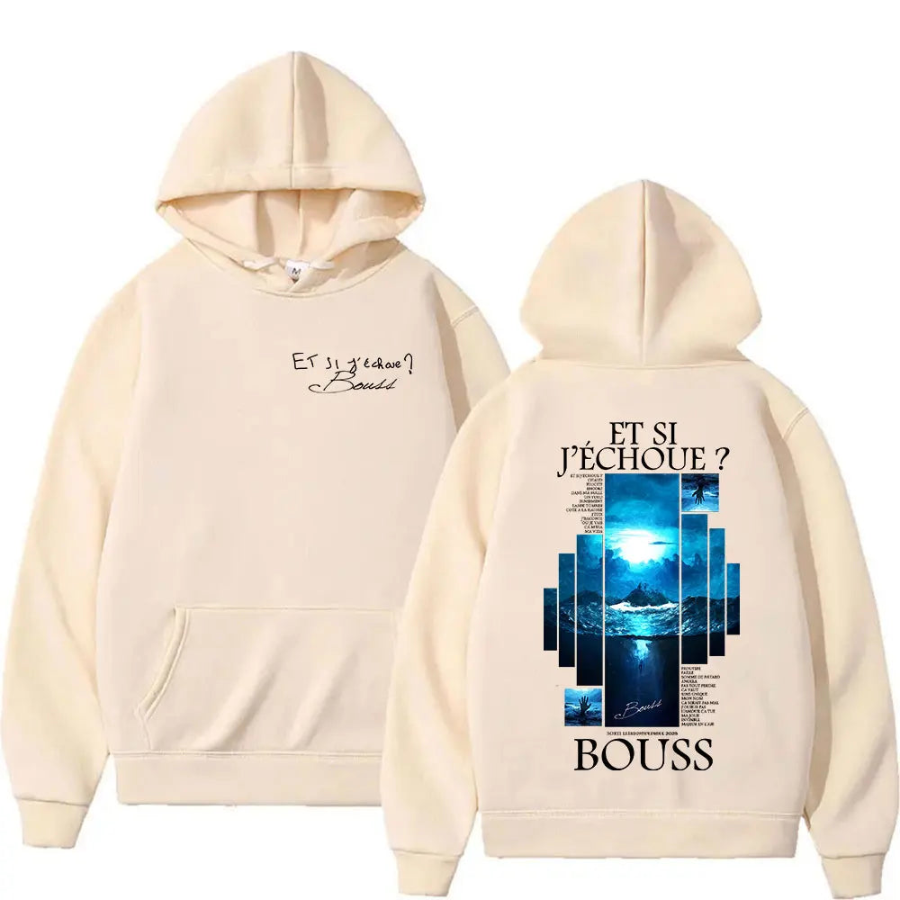 Back view of cream-colored fleece hoodie with blue ocean graphic and text for women hip hop fashion oversized sweatshirts