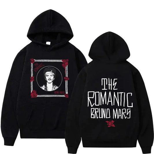 Back of a black oversized fleece pullover hoodie featuring bruno mars graphic with red roses and white text