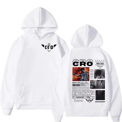 White oversized hoodie with black cro logo and pure drug album artwork for Rapper C.R.O new era trap tour 2025