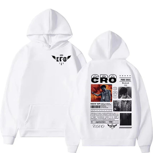 White oversized hoodie with black cro logo and pure drug album artwork for Rapper C.R.O new era trap tour 2025
