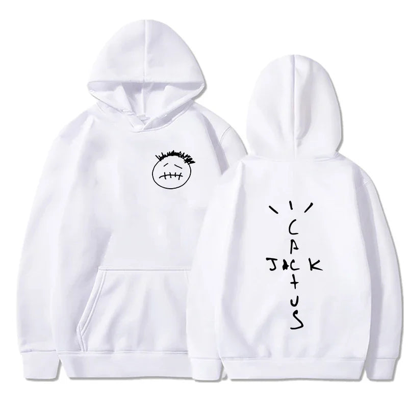 White rapper cactus jack hoodie featuring a black embroidered face on front and tracock lettering on back for casual wear