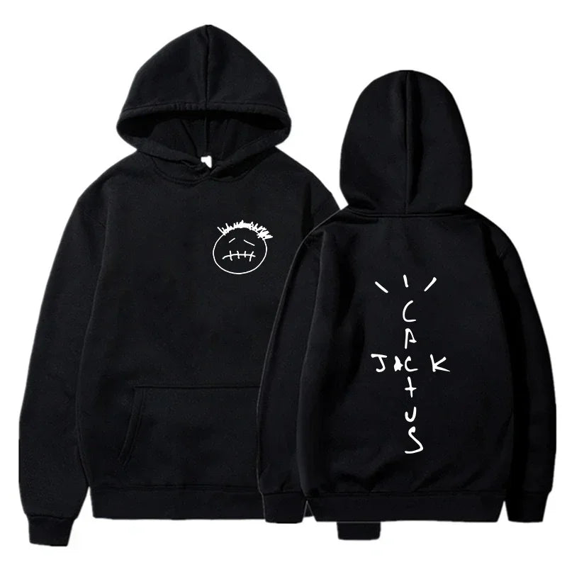 Black hoodie with white embroidered face on front and rapper cactus jack music album hoodies hip hop sweatshirt back design