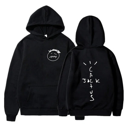 Black hoodie with white embroidered face on front and rapper cactus jack music album hoodies hip hop sweatshirt back design