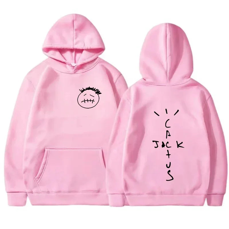 Pink rapper cactus jack music album hoodie with black stitched face sketch front and tracock script on back hip hop sweatshirt
