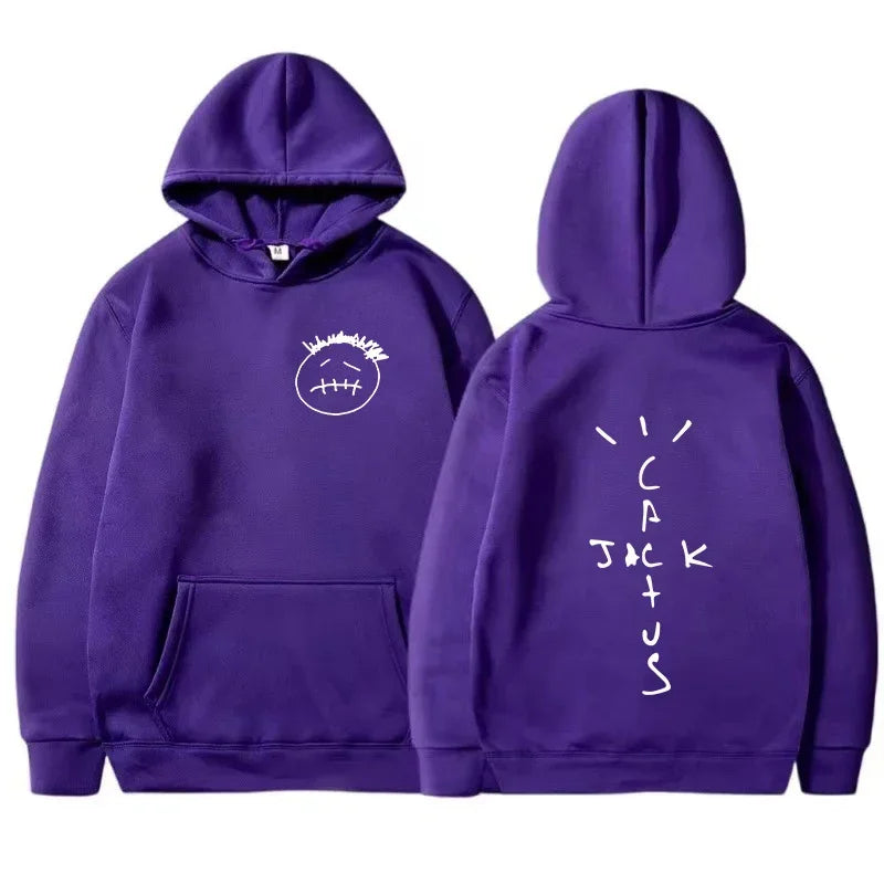 Purple hoodie with white embroidered trapper keeper face and tracajack script on back hip hop sweatshirt for men women