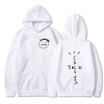 White hoodie with black embroidered face on front and cactus jack embroidery on back hip hop sweatshirt for men women