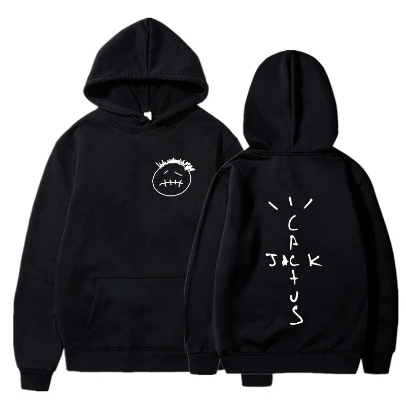 Black hoodie with white embroidered face front and cactus jack script back in rapper cactus jack hip hop sweatshirt