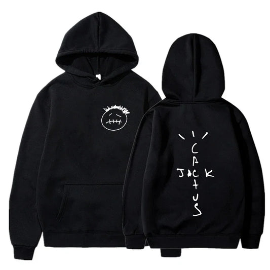 Black hoodie with white embroidered face on front and cactus jack script on back hip hop sweatshirt for men and women
