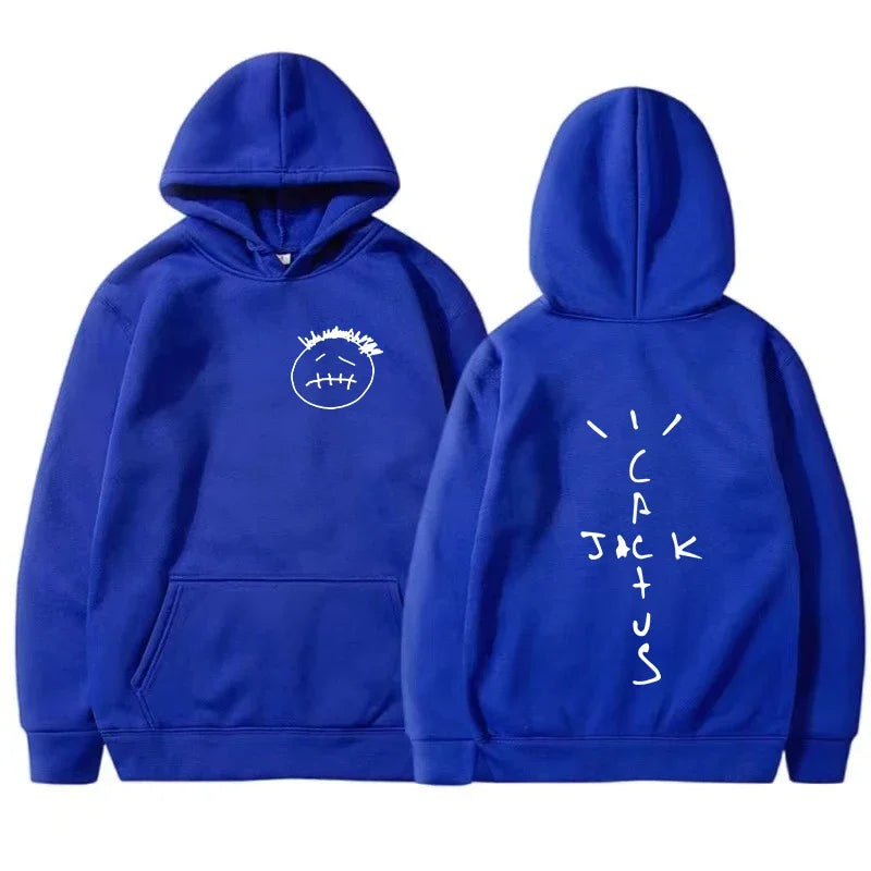 Royal blue rapper cactus jack hip hop sweatshirt with white embroidered face front and tracke lettering on back