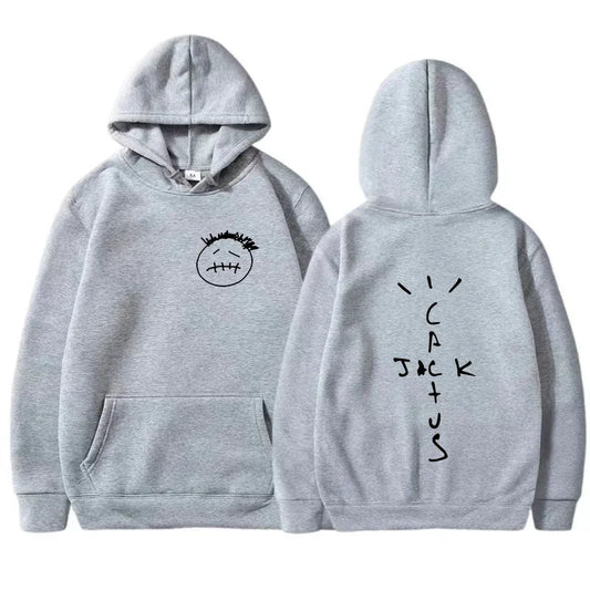 Gray rapper cactus jack hip hop sweatshirt with black embroidered face front and cactus jack lettering with spikes back