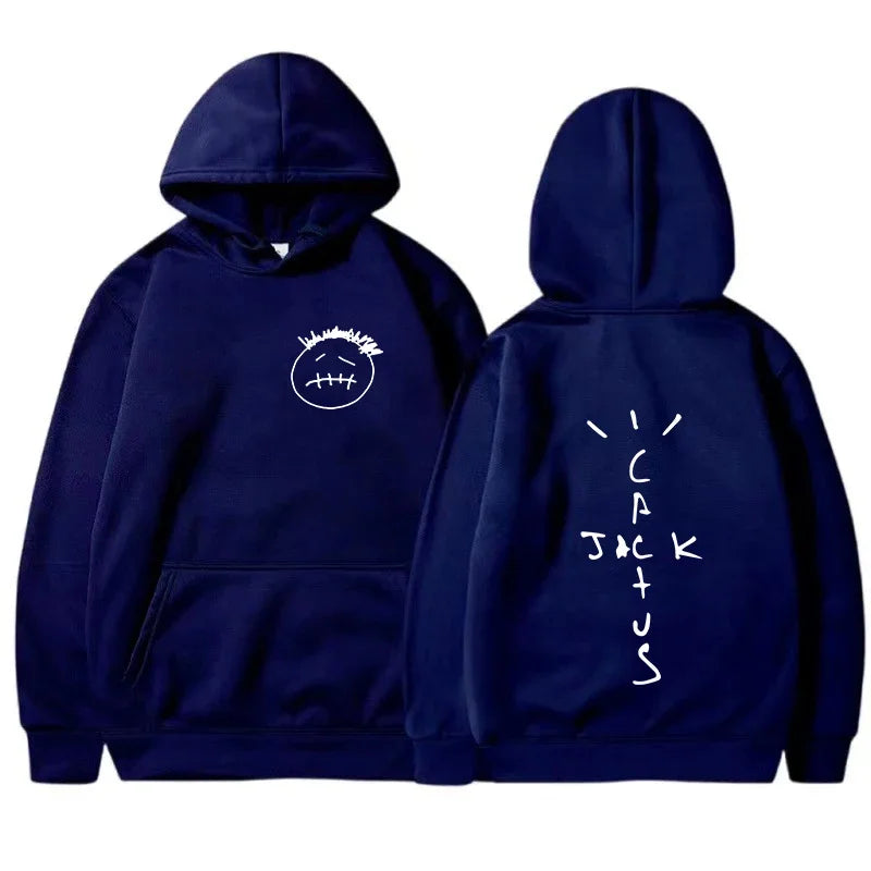 Dark blue rapper cactus jack hip hop sweatshirt with white embroidered face front and lettering on back oversized hoodie