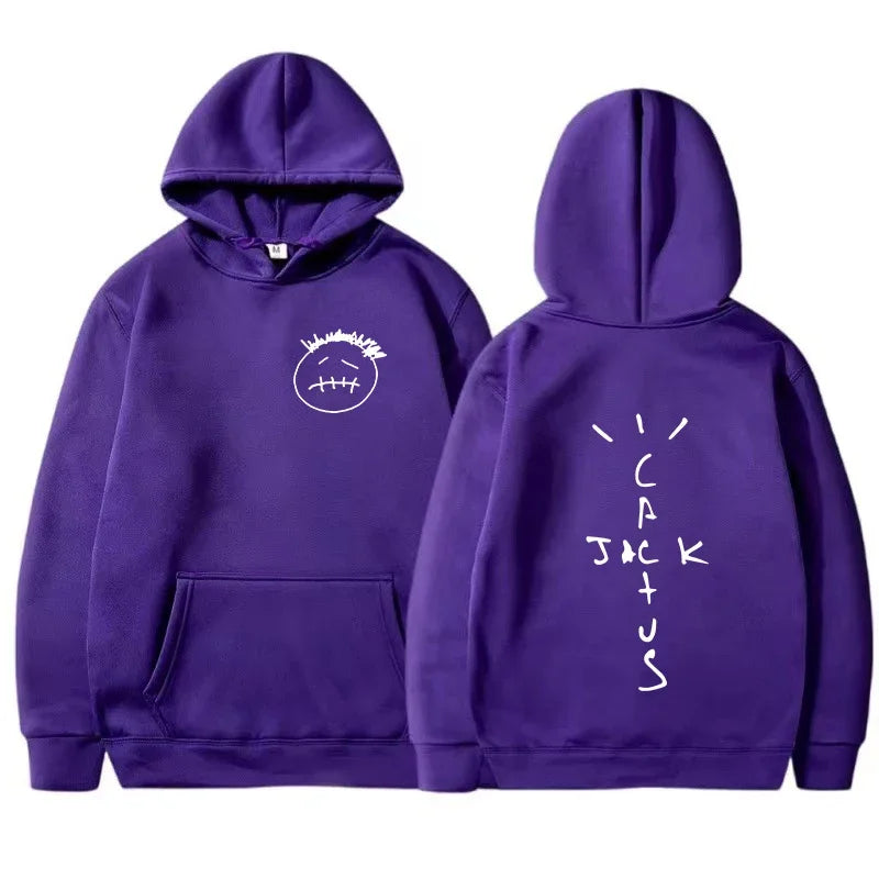 Purple rapper cactus jack hoodie with white embroidered face front and tracajack lettering on back album hoodies men hip hop sweatshirt