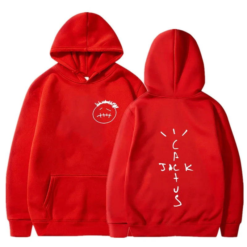 Red hooded rapper cactus jack album hoodie for men and women with white embroidered stitched face and vertical text on front and back