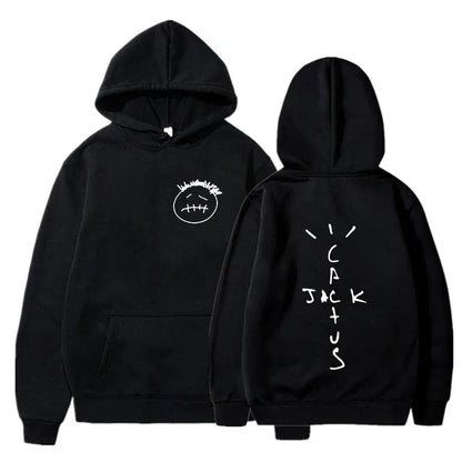 Black hoodie with white embroidered face front and cactus jack vertical script back for rapper cactus jack hip hop sweatshirt