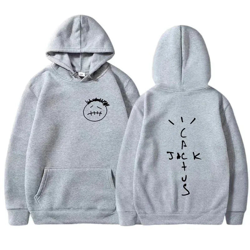 Gray rapper cactus jack hoodie with black embroidered face front and spiked lettering back hip hop sweatshirt