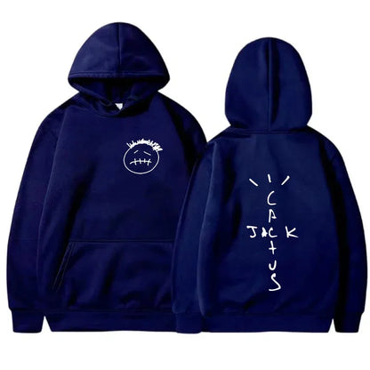 Navy blue rapper cactus jack music album hoodie with white embroidered face front and tracajack lettering back hip hop sweatshirt