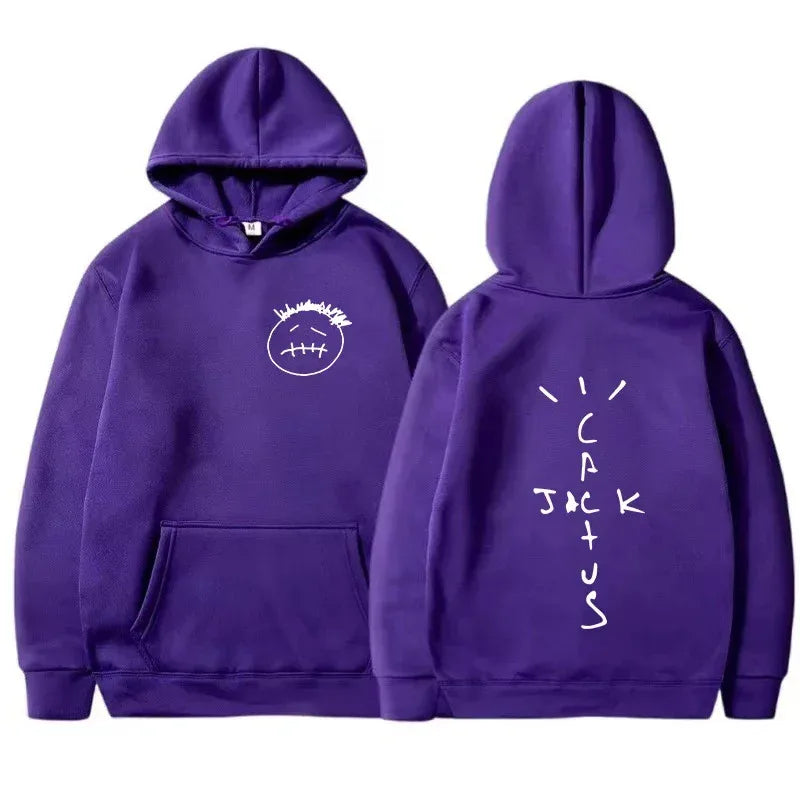 Purple rapper cactus jack hoodie with white embroidered face front and vertical script on back hip hop sweatshirt